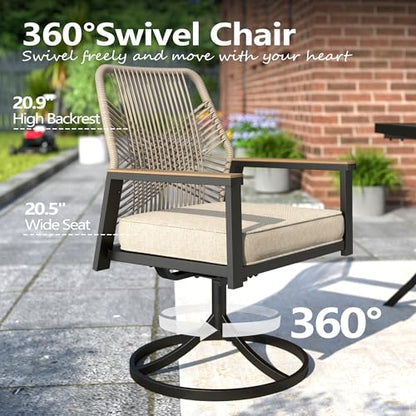MIXPATIO 9 Pieces Outdoor Patio Dining Set, 57.5“ Metal Square Table with Umbrella Hole, 8 x Rope Rattan Swivel Chairs with 3.2" Cushion for Yard, Porch, Beige