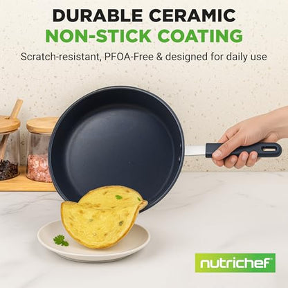 NutriChef 10 Inch Non Stick Ceramic Coated Frying Pan, Aluminum Frying Pan with Silicone Handle, Stain-Resistant, PFOA Free – Compatible with Gas, Electric, Induction, and Ceramic Cooktops