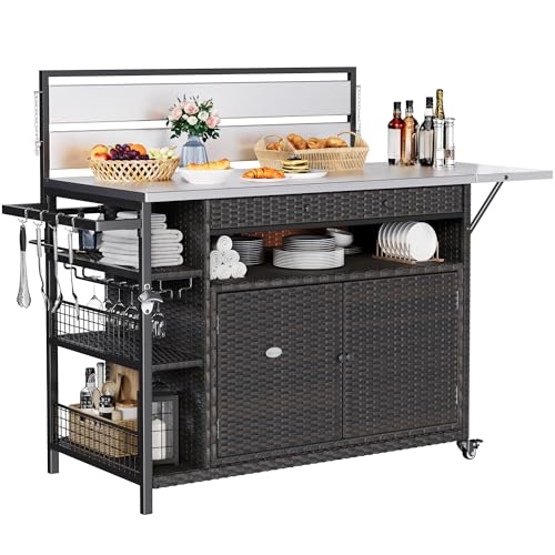 YITAHOME XL Outdoor Kitchen Wicker Island Rolling Cart & Storage Cabinet, Wheels and Stainless Steel Extended Table Top, Side Handle for Patio Kitchen or Bar Cart, Dark Brown