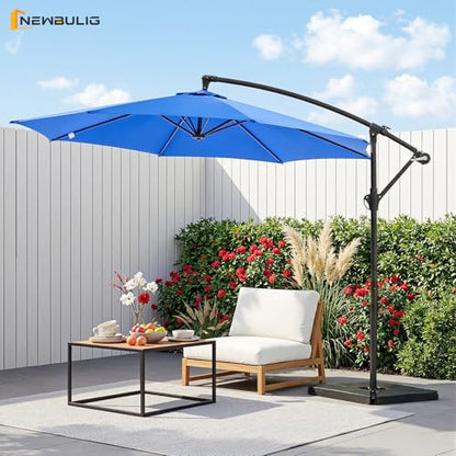 NEWBULIG 10FT Patio Umbrella with Base Included, Offset Cantilever Outdoor Patio Table Umbrella, UV Protection, Fade Resistant Fabric, Easy Tilt Adjustment for Pool, Deck, Garden, Backyard, Blue
