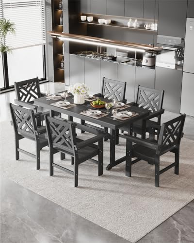 BIVODA 7-Piece Outdoor Dining Set, HDPE All-Weather Patio Table and Chairs Set for 6, Outdoor Patio Furniture Sets with Umbrella Hole for Outside, Deck, Backyard, Garden (Black)