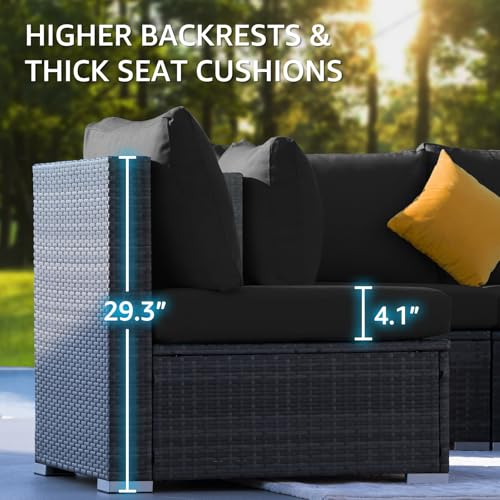 NICESOUL 15 Piece Outdoor Sectional with Fire Pit Table, Modern Luxury Patio Deep Seating w/Firepit, 29.3'' High-Back Wicker Couch Thick, Big High-Weight Capacity Sofa for Terrace, Yard, Gray & Black