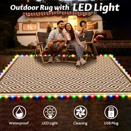 Pafolo Outdoor Rug Waterproof, 8'x10' Reversible Patio Rug with Lights, 4 Rug Stakes, Non Shedding, Easy Cleaning, Foldable Outside Mat for RV, Camping, Porch, Deck, Beach, Patio, Picnic, Brown&White