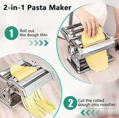 Manual Pasta Maker Machine, 2 in 1 Noodle Maker with Rollers and Cutter, 7 Adjustable Thickness Settings, Perfect for Spaghetti, Fettuccini, Lasagna or Dumpling Skin Silver