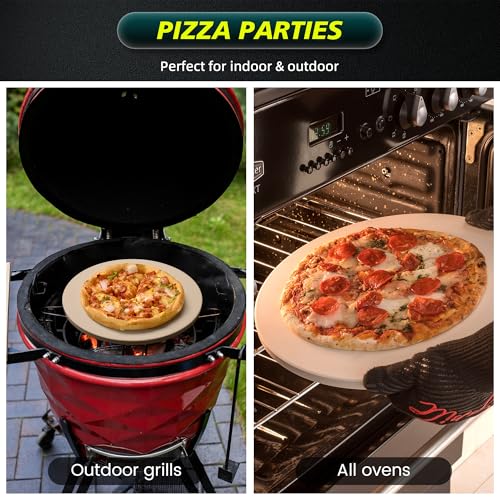 13 Inch Cordierite Pizza Stone 4-Piece Set for Oven & Grill - Round Baking Stone with Wooden Peel, Roller Cutter & Mini Cake Shovel