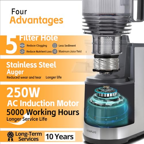 VITAPLUS Cold Press Juicer with Stainless Steel Auger，High Juice Yield Slow Masticating Juicer for Juice & Nut Milk, Lab-Certified Food-Safe, AC Motor, 5.8" Whole-Fruit Chute, BPA-Free,Easy Clean