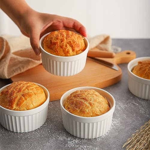 Samsle 6 oz Ramekins Set of 6, Porcelain Ramekins Dishes for Creme Brulee,Souffle, Lava Cakes, Pudding, Custard Cups for Baking and Dipping,Oven Safe, White 3.7 inch