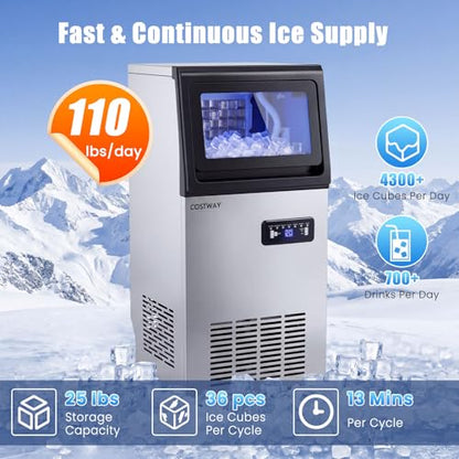 COSTWAY Commercial Ice Maker Machine 110LBS/24H, 36 Cubes in 13 Mins