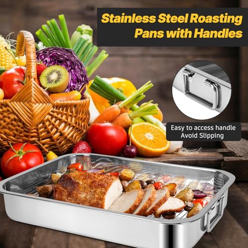 2 Pcs 12.7"15.5" Stainless Steel Roasting Pans with Handles, Baking Pan for Oven with 2 Pcs Flat Racks, Heavy Duty, Dishwasher Safe Rectangular Lasagna Pan with Handles for Turkey Chicken, Silver