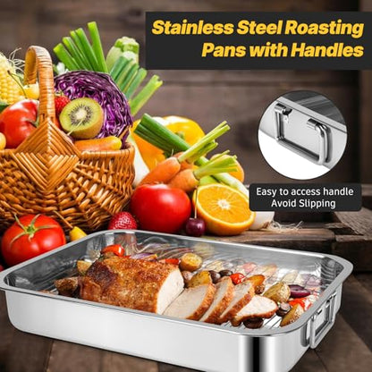 2 Pcs 12.7"15.5" Stainless Steel Roasting Pans with Handles, Baking Pan for Oven with 2 Pcs Flat Racks, Heavy Duty, Dishwasher Safe Rectangular Lasagna Pan with Handles for Turkey Chicken, Silver