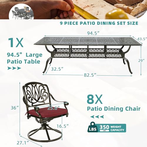 MEETWARM 9-Piece Outdoor Patio Dining Set for 8, All Weather Cast Aluminum Patio Funiture Table and Chairs Set- 94.5” Rectangular Table and 8 Cushioned Swivel Rocker Chairs, Umbrella Hole, Chili Red