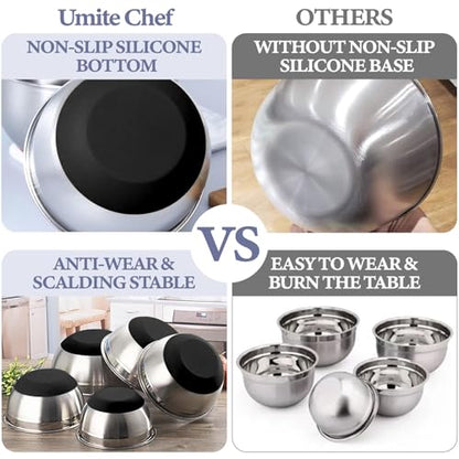 Umite Chef Mixing Bowls with Airtight Lids, 8PCS Stainless Steel Nesting Mixing Bowls Set, 3 Grater Attachments & Non-Slip Bottoms, Black Kitchen Bowls, Size 5, 4, 3.5, 2, 1.5QT for Baking & Serving