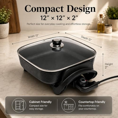 Moss & Stone Square Electric Skillet with Lid, 12-Inch Nonstick Frying Pan