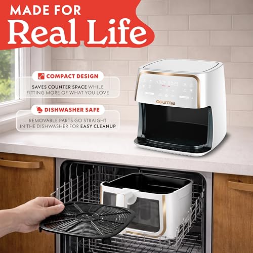 Gourmia 8 Qt Air Fryer, 8 Presets with Digital Display, FryForce 360° Technology, Easy View Window & Interior Light, Dishwasher Safe Basket, White
