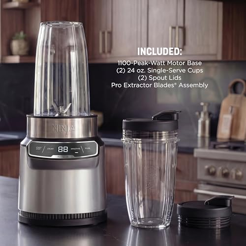 Ninja Nutri-Blender Pro with Auto-iQ | For Smoothies, Shakes, Frozen Drinks, Salsa, Dips | (2) 24-oz. To-Go Cups & Spout Lids | 1100-Peak-Watt | Silver | BN401
