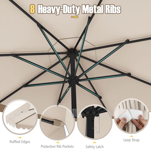 Tangkula 10 FT Patio Umbrella, 2-Tiers Scalloped Outdoor Table Market Umbrella with Tilt Adjustment, Crank, 8 Sturdy Ribs for Pool, Deck, Backyard (Beige)