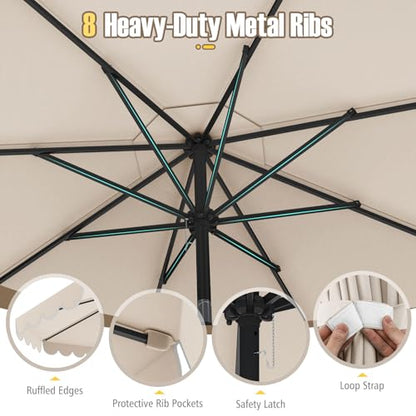Tangkula 10 FT Patio Umbrella, 2-Tiers Scalloped Outdoor Table Market Umbrella with Tilt Adjustment, Crank, 8 Sturdy Ribs for Pool, Deck, Backyard (Beige)