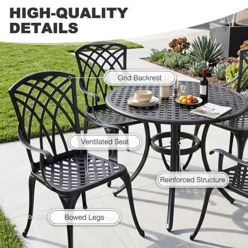 NUU GARDEN 5-Piece Outdoor Dining Set, 33" Cast Aluminum Dining Table with Umbrella Hole and 4 Cast Aluminum Chairs, Patio Table and Chair Set, Patio Dining Set for Poolside Deck Yard Balcony, Black