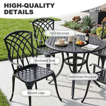 NUU GARDEN 5-Piece Outdoor Dining Set, 33" Cast Aluminum Dining Table with Umbrella Hole and 4 Cast Aluminum Chairs, Patio Table and Chair Set, Patio Dining Set for Poolside Deck Yard Balcony, Black