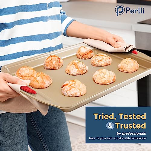 Perlli Baking Kit: Nonstick Gold Steel Oven Set - 6 Pieces, Round Cake Pan, Loaf Pan, Square Pan, Muffin Pan, Cookie Sheet, Roaster - Silicone Handles
