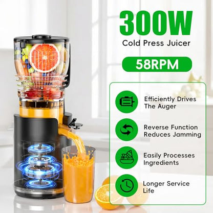 Juicer Machines, Cold Press Juicer with 5.8" Wide Feed Chute, 300W Slow Masticating Juicer for Whole Fruits & Vegetables, High Juice Yield, Easy to Clean, BPA Free Juice Extractor Machine