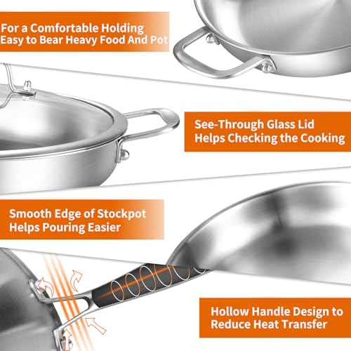 DELARLO Tri-Ply Stainless Steel Pan with Lid 12inch丨Compatible with All Cooktops Up to 600℉丨Stainless Steel Skillet 12 inch丨Heavy Duty丨Frying Pan with Lid丨18/10 Large Cooking Surface