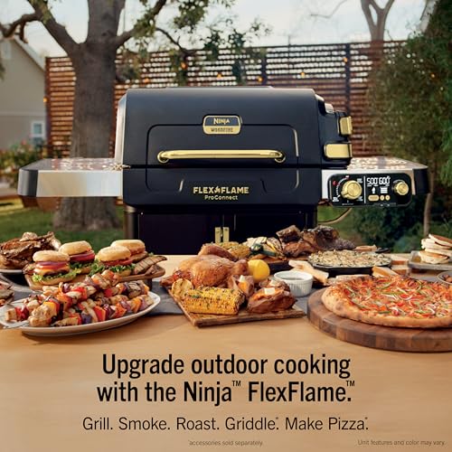 Ninja FlexFlame ProConnect Grill & Smoker | 5-in-1 Smart Cooking System | Electric & Propane | App-Connected | 3-Burner Digital Control | Roast, Griddle & Pizza Maker | Black/Gold | PG305