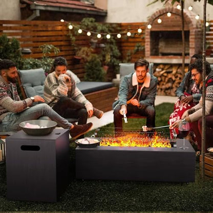 Jocoevol Fire Pit Table 50,000 BTU 42" Rectangular Propane Fire Pit Outdoor with Wind Guard Glass, Lid, Rocks and Cover Gas Fireplace for Deck or Patio