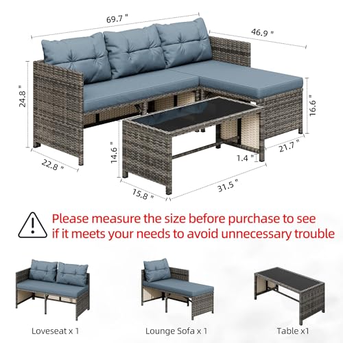 Shintenchi 3 Pieces Patio Furniture Set,Outdoor Sectional Sofa,Blue-Gray