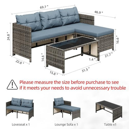 Shintenchi 3 Pieces Patio Furniture Set,Outdoor Sectional Sofa,Blue-Gray