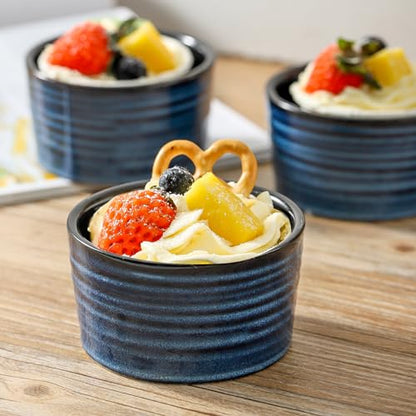Tikooere Ceramic 4 oz Ramekins Set of 6, Oven Safe Small Creme Brulee Ramekins for Baking, Blue Dipping Bowls for Custard, Ice Cream, Pudding, Porcelain Sauce Cups, Mini Souffle Dish, Microwave Safe