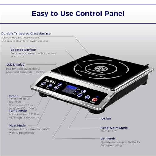 OSTBA 1800W Portable Induction Cooktop, Large Heating Coil Countertop Induction Burner, 10 Power Levels & 120–460°F Temperature Control, 3H Timer, Keep Warm, ETL Certified