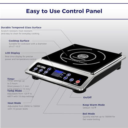 OSTBA 1800W Portable Induction Cooktop, Large Heating Coil Countertop Induction Burner, 10 Power Levels & 120–460°F Temperature Control, 3H Timer, Keep Warm, ETL Certified