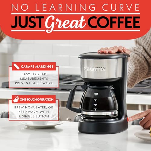 Gourmia 5 Cup One-Touch Drip Brew Coffee Maker – Pause and Serve, Automatic Keep Warm, Easy View Water Window, Compact, Stainless Steel Accents, Black