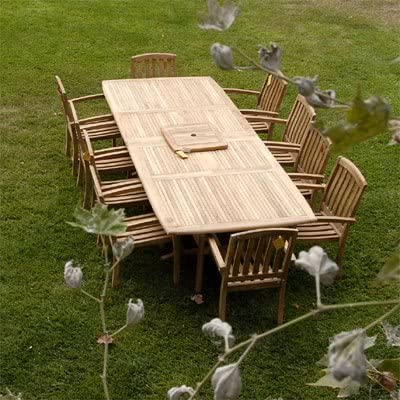 Bayview Patio New 11pc Indonesian Grade-A Teak Outdoor Dining Set- Extra Thick Rectangle Double Extension Table 118x40 + 10 Java Teak Stacking Dining Chairs. Fine Sanded Natural Finish