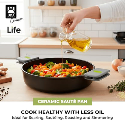 BRA COOKWARE Life Ceramic Nonstick Sauté Pan w/Glass Lid | 11 Inch 2.9 Quart Recycled Aluminum Deep Pan | Dual-Handle Braiser | Ceramic Non-Stick Coating | PFOA Free | All Cooktops & Oven Safe