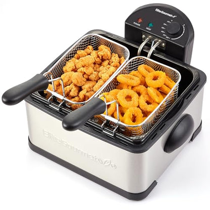 Elite Gourmet Electric Deep Fryer, 4.5 Qt Total Oil Capacity (Dual 2-Qt Split Baskets), 1700 Watts, Stainless Steel, Separates Foods for Simultaneous Cooking, Stainless Steel