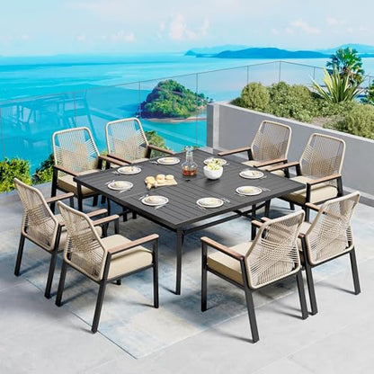 9 Pieces Patio Dining Set, 8 x Woven Rattan Chairs with Waterproof Cushion, 60" Square Metal Dining Table with Umbrella Hole, Outdoor Table and Chairs Set for Backyard Lawn and Deck, Beige