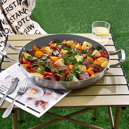 Inqibee 14-Inch Hybrid Tri-Ply Stainless Steel Paella Pan with Lid, Ceramic Non Stick Large Skillet, Induction Cooking Pan, Anti-Scratch, Dishwasher and Oven Safe