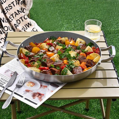 Inqibee 14-Inch Hybrid Tri-Ply Stainless Steel Paella Pan with Lid, Ceramic Non Stick Large Skillet, Induction Cooking Pan, Anti-Scratch, Dishwasher and Oven Safe