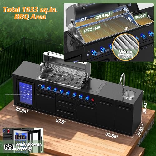 VESTIVIUM 112" All-in-One Outdoor Kitchen, 8-Burner Modular Grill Station, Powder Coating Black SS304 & Black Granite, Sink, Fridge, Complete BBQ Set for Large Patios & Backyards (Propane)