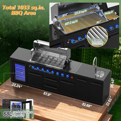 VESTIVIUM 112" All-in-One Outdoor Kitchen, 8-Burner Modular Grill Station, Powder Coating Black SS304 & Black Granite, Sink, Fridge, Complete BBQ Set for Large Patios & Backyards (Propane)