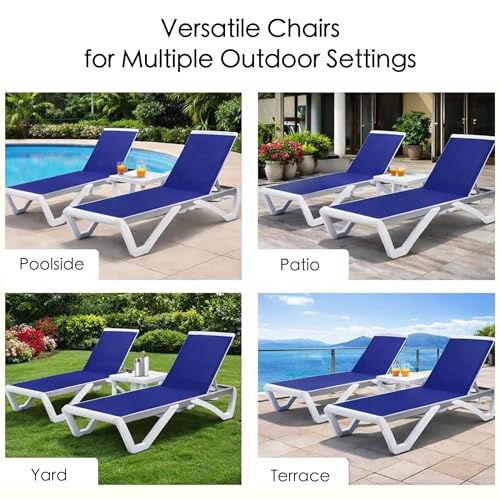 Kozyard Outdoor Chaise Lounge Chair, Full Flat Adjustable Patio Lounger with Aluminum Frame & Resin Legs, Textilene Fabric for Poolside, Backyard & Beach (NavyBlue, 2Chairs with Table)