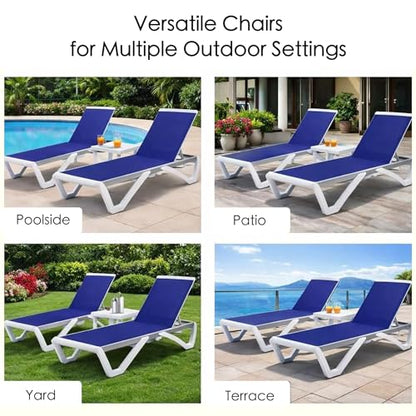Kozyard Outdoor Chaise Lounge Chair, Full Flat Adjustable Patio Lounger with Aluminum Frame & Resin Legs, Textilene Fabric for Poolside, Backyard & Beach (NavyBlue, 2Chairs with Table)
