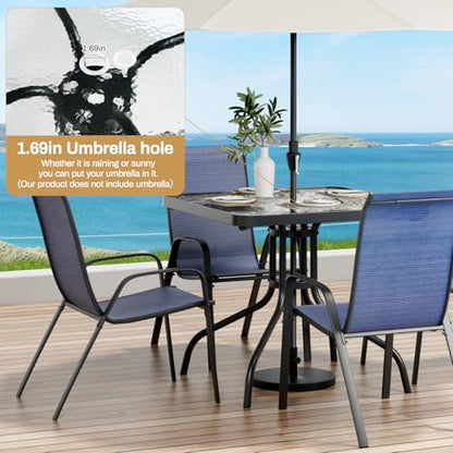 Arlopu 5 Piece Outdoor Patio Dining Set (Umbrella not Included), Porch Furniture with 4 Textline Chairs, 1 Square Glass Table for Garden, Backyard and Poolside, Lawn (Navy Blue)
