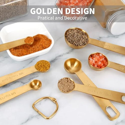 Blueden Measuring Spoons,304 Stainless Steel Measuring Cups & Spoon Set of 7 Piece:1Tbsp&1/2Tbsp,1tsp,3/4tsp,1/2tsp,1/4tsp,1/8tsp Teaspoon Coffee Scoop Tablespoon for Dry and Liquid Ingredients,Gold
