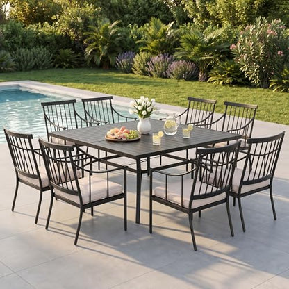PHI VILLA 9 Pieces Outdoor Dining Set for 8, 60” Square Wrought Iron Dining Table & Heavy-Duty Steel Chairs with Cushions, Large Dining Furniture Set for Patio, Deck, Yard, Porch