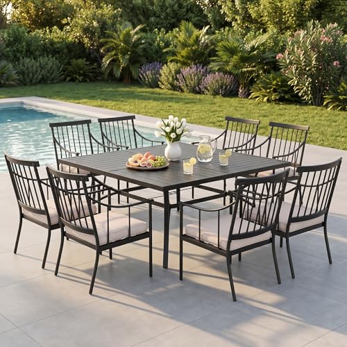 PHI VILLA 9 Pieces Outdoor Dining Set for 8, 60” Square Wrought Iron Dining Table & Heavy-Duty Steel Chairs with Cushions, Large Dining Furniture Set for Patio, Deck, Yard, Porch