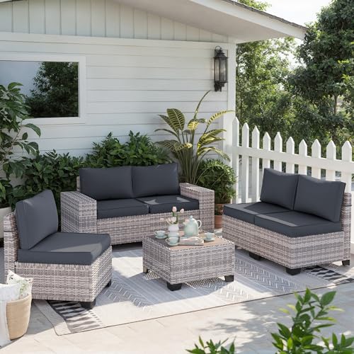Muphyers 6-Piece Outdoor Patio Furniture Set Wicker Sectional Sofa Set, Patio Conversation Set with Thickened Cushions & Coffee Table for Garden, Backyard, Poolside, Dark Grey