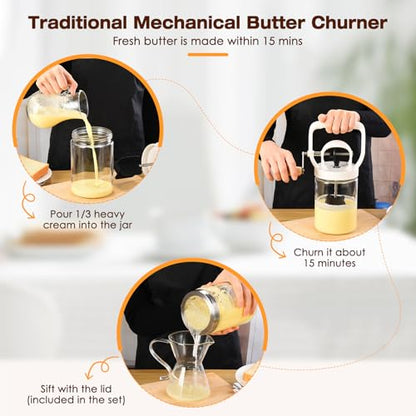 CAROD Traditional Manual Butter Churn Maker, 1.2L Capacity Glass Jar with Sifting Lid, Create Delicious Homemade Butter within 15 Min, Upgraded Design Protect from Injury